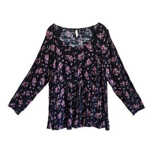 TORRID 2 Women 18 20 Tunic Top Floral Black Pink Drawstring Waist Tassel Tie 44"